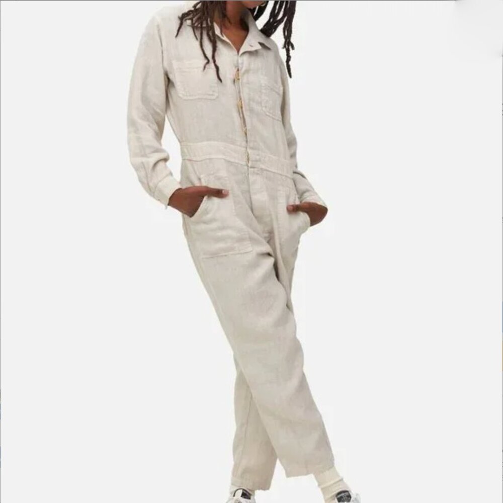 MATE The Label Linen Long Sleeve Jumpsuit in Natural